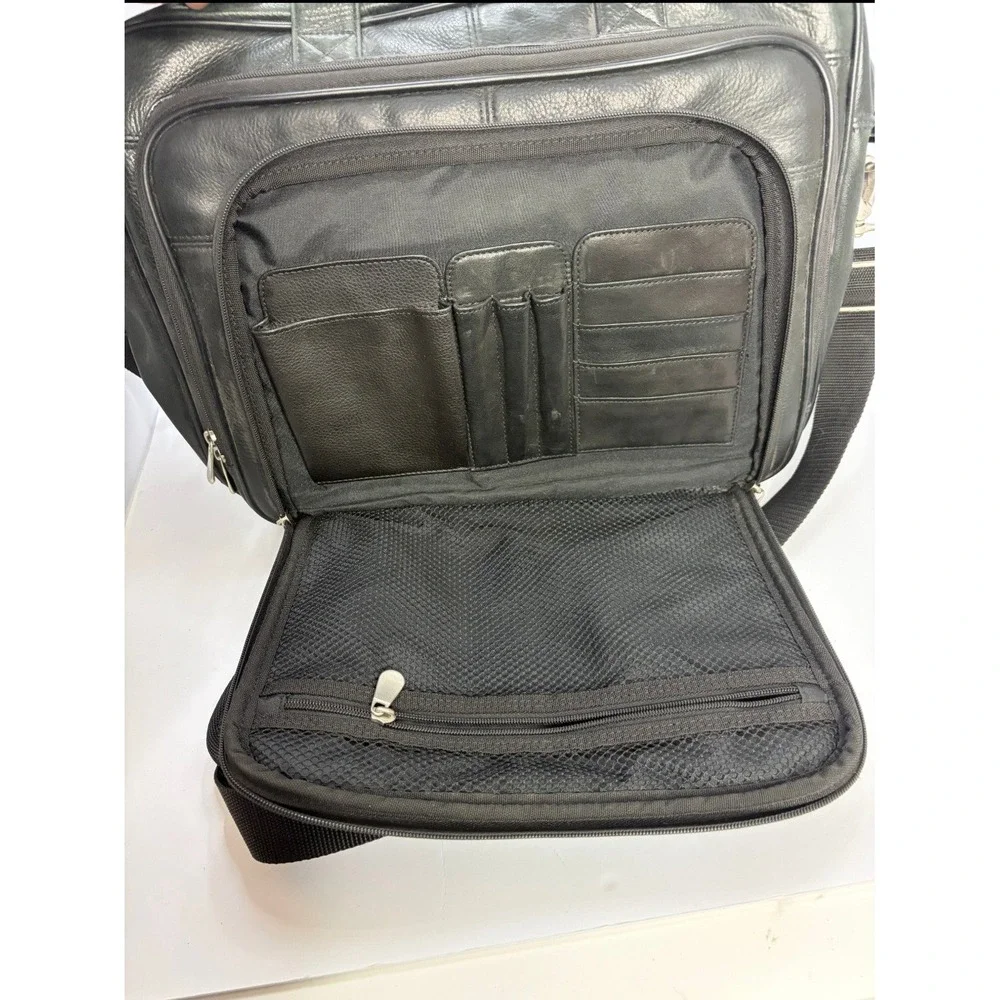Black Leather Multi Compartment Briefcase Laptop Bag Messenger Travel Work Bag